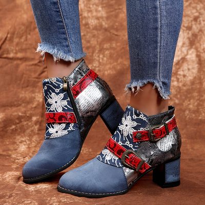  Flower Print Embroidery Square Heels 