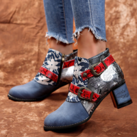  Flower Print Embroidery Square Heels  - Thumbnail 4
