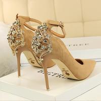 Sexy suede shallow pointed toe rhinestones high heels S-614 - Thumbnail 3