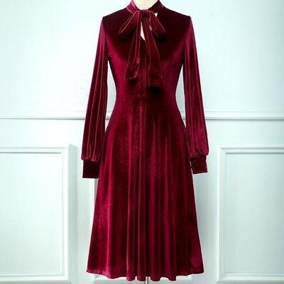 Dark red tea length velvet mother of the bridal dress - Thumbnail 4