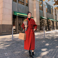 Korean Casual Winter Trench Coat in Red and Black - Thumbnail 3