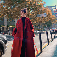 Korean Casual Winter Trench Coat in Red and Black - Thumbnail 2