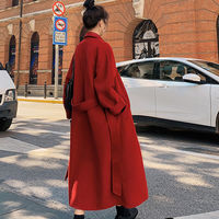 Korean Casual Winter Trench Coat in Red and Black - Thumbnail 4