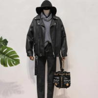  Casual PU Leather Turn Down Collar Black Jacket - Thumbnail 1