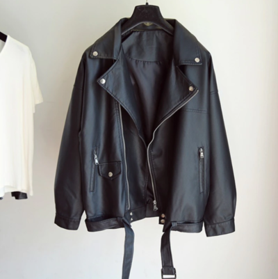  Casual PU Leather Turn Down Collar Black Jacket