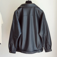  Casual PU Leather Turn Down Collar Black Jacket - Thumbnail 2