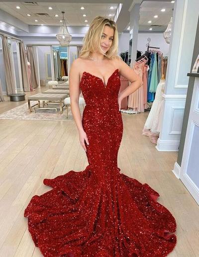 Burgundy Mermaid Strapless Sequins Long Prom Evening Dresses