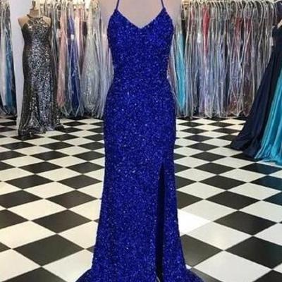 Sexy royal blue sequins long sparkly prom dress - Thumbnail 2