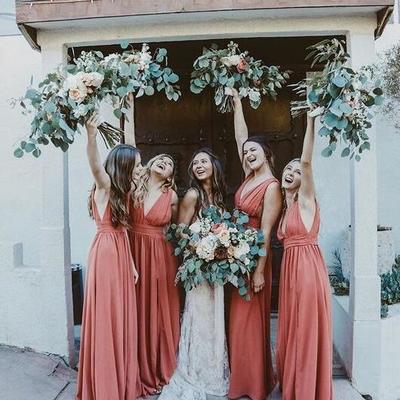 Simple floor length v neck coral chiffon bridesmaid dresses - Thumbnail 4