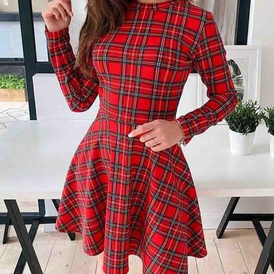 Long sleeve plaid print dress
