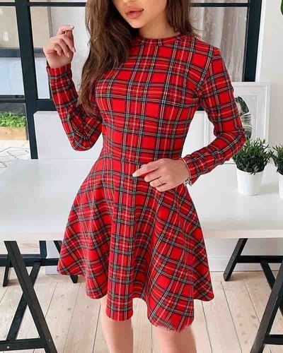 Long Sleeve Plaid Print Dress