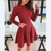 Long Sleeve Plaid Print Dress - Thumbnail 1