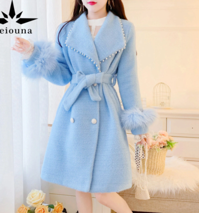 Classy Women's Pearl Velvet Winter Coat