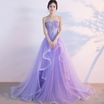 Purple tulle lace long prom dress evening gown - Thumbnail 4
