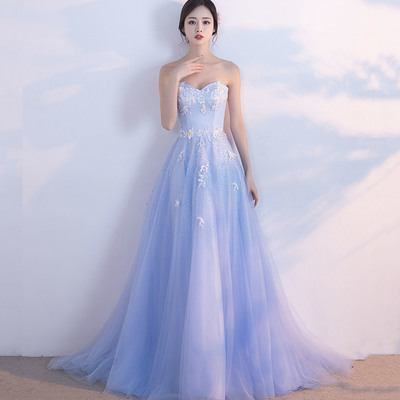 Blue tulle lace long prom dress blue evening gown - Thumbnail 2