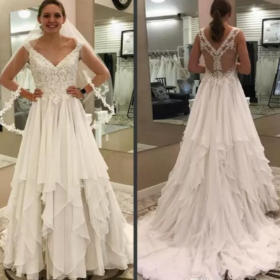 Simple classic lace wedding dresses back hollow lace appliques bridal gowns chiffon tiered skirts sweep train plus size wedding dresses,1223 - Thumbnail 1
