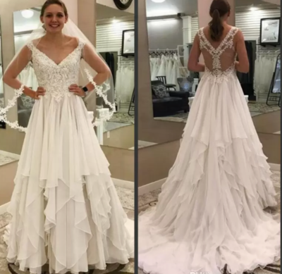 Simple Classic Lace Wedding Dresses Back Hollow Lace Appliques Bridal Gowns Chiffon Tiered Skirts Sweep Train Plus Size Wedding Dresses,1223
