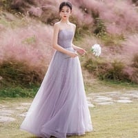 Purple tulle beads long prom dress A ine evening gown - Thumbnail 1