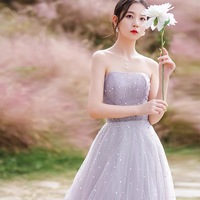 Purple tulle beads long prom dress A ine evening gown - Thumbnail 3