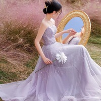 Purple tulle beads long prom dress A ine evening gown - Thumbnail 4