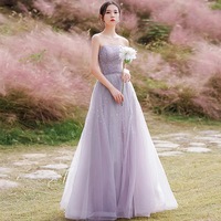 Purple tulle beads long prom dress A ine evening gown - Thumbnail 5