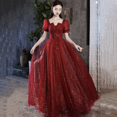 Shiny tulle sequins long prom dress red evening gown - Thumbnail 2
