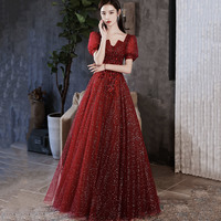 Shiny tulle sequins long prom dress red evening gown - Thumbnail 1