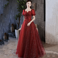 Shiny tulle sequins long prom dress red evening gown - Thumbnail 4