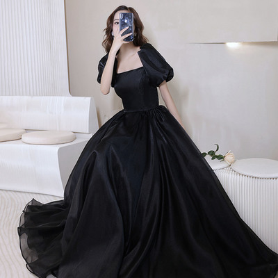 Black tulle long prom dress a line evening gown