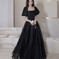 Black tulle long prom dress A line evening gown - Thumbnail 2