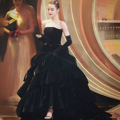 Black long a line ball gown dress fashion dress - Thumbnail 3