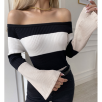 Women'S Striped Long-Sleeved One-Shoulder Top - Thumbnail 1