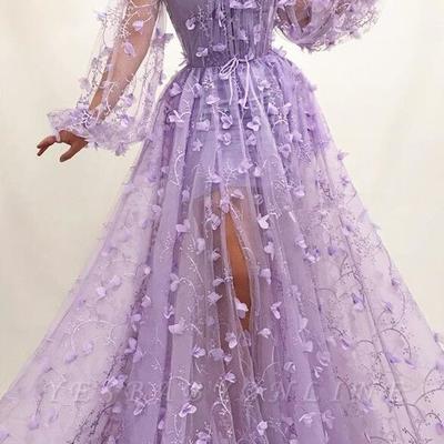 Sexy high neck tulle long sleeves prom dress with front slit  - Thumbnail 2