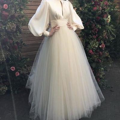 Chic long sleeves champagne tulle prom dress , formal dress - Thumbnail 2