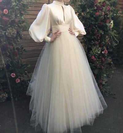 Chic Long Sleeves Champagne Tulle Prom Dress , Formal Dress