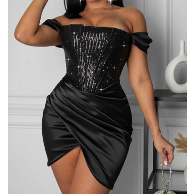 Elegant women's black sequin dress - Thumbnail 3