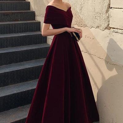 Elegant off shoulder velvet sweetheart burgundy prom dress - Thumbnail 1
