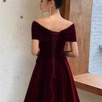 Elegant Off Shoulder Velvet Sweetheart Burgundy Prom Dress - Thumbnail 2