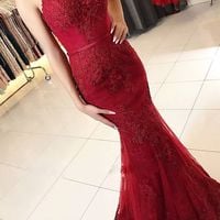 SP1943,Burgundy Spaghetti Straps Mermaid/Trumpet Long Lace Prom Dress - Thumbnail 1