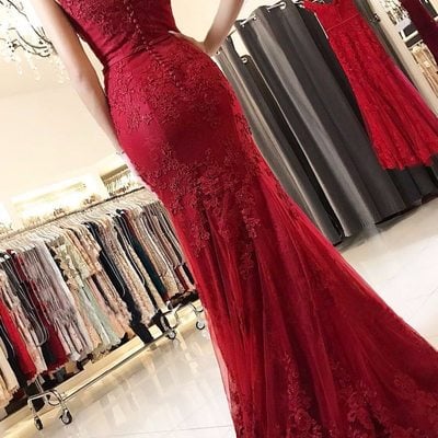 Sp1943,burgundy spaghetti straps mermaid/trumpet long lace prom dress - Thumbnail 2