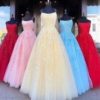 SP1945,Spaghetti-straps Tulle Black Long Prom Dresses With Appliques - Thumbnail 2
