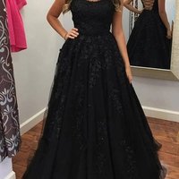 SP1945,Spaghetti-straps Tulle Black Long Prom Dresses With Appliques - Thumbnail 1