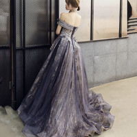 Purple tulle sequins long prom dress A line evening gown - Thumbnail 4