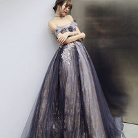 Purple tulle sequins long prom dress A line evening gown - Thumbnail 5
