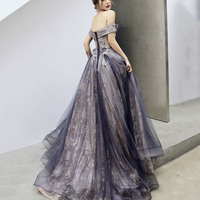 Purple tulle sequins long prom dress A line evening gown - Thumbnail 6