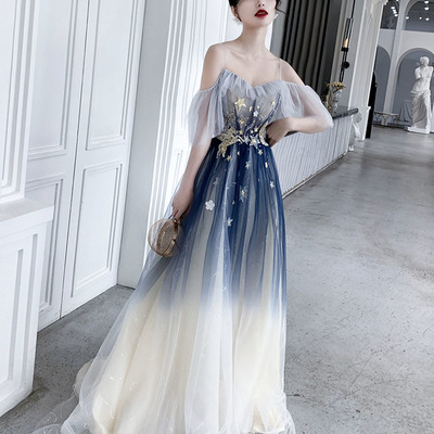 Blue tulle sequins long prom dress blue evening dress
