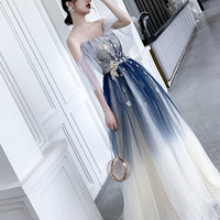 Blue tulle sequins long prom dress blue evening dress - Thumbnail 1