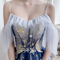 Blue tulle sequins long prom dress blue evening dress - Thumbnail 4