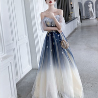 Blue tulle sequins long prom dress blue evening dress - Thumbnail 5