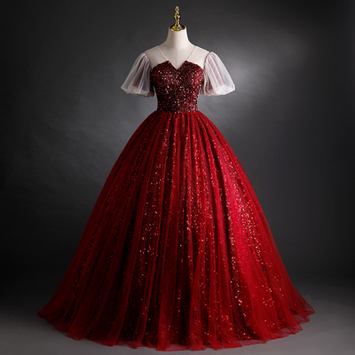 Burgundy sequins long prom dress a line evening gown - Thumbnail 3